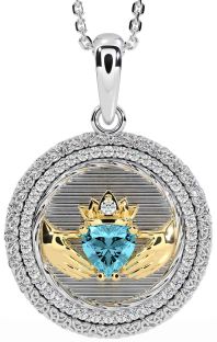 Diamond Aquamarine Gold Silver Claddagh Celtic Trinity Knot Necklace