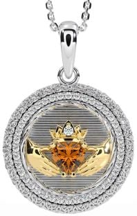 Diamond Citrine Gold Silver Claddagh Celtic Trinity Knot Necklace