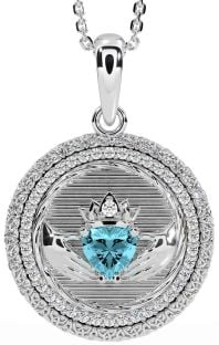 Diamond Aquamarine White Gold Claddagh Celtic Trinity Knot Necklace