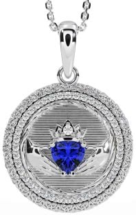 Diamond Sapphire White Gold Claddagh Celtic Trinity Knot Necklace