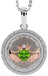 Diamond Peridot White Rose Gold Claddagh Celtic Trinity Knot Necklace