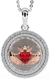 Diamond Ruby White Rose Gold Claddagh Celtic Trinity Knot Necklace