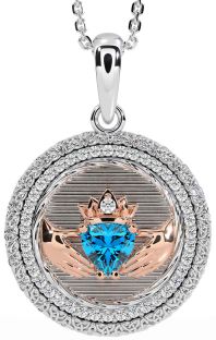 Diamond Topaz White Rose Gold Claddagh Celtic Trinity Knot Necklace