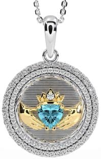 Diamond Aquamarine White Yellow Gold Claddagh Celtic Trinity Knot Necklace