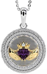 Diamond Alexandrite White Yellow Gold Claddagh Celtic Trinity Knot Necklace