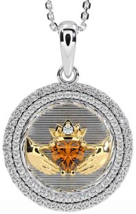 Diamond Citrine White Yellow Gold Claddagh Celtic Trinity Knot Necklace