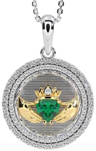 Diamond Emerald White Yellow Gold Claddagh Celtic Trinity Knot Necklace