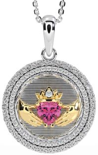 Diamond Pink Tourmaline White Yellow Gold Claddagh Celtic Trinity Knot Necklace