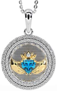 Diamond Topaz White Yellow Gold Claddagh Celtic Trinity Knot Necklace