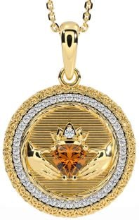 Diamond Citrine Gold Claddagh Celtic Trinity Knot Necklace