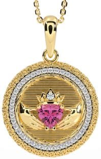 Diamond Pink Tourmaline Gold Claddagh Celtic Trinity Knot Necklace