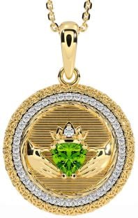 Diamond Peridot Gold Claddagh Celtic Trinity Knot Necklace