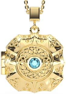 Aquamarine Gold Silver Celtic Trinity Knot Locket Necklace