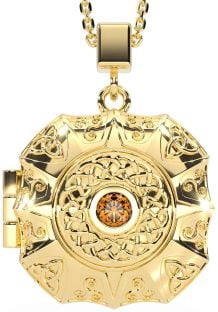 Citrine Gold Silver Celtic Trinity Knot Locket Necklace
