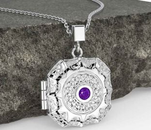 Amethyst White Gold Celtic Trinity Knot Locket Necklace