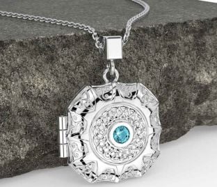 Aquamarine White Gold Celtic Trinity Knot Locket Necklace
