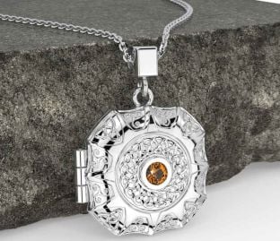 Citrine White Gold Celtic Trinity Knot Locket Necklace