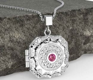 Pink Tourmaline White Gold Celtic Trinity Knot Locket Necklace
