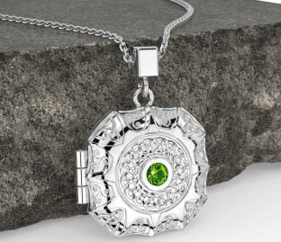 Peridot Beyaz Altın Kelt Üçlü Düğüm Madalyon Kolye