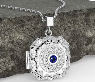 Sapphire White Gold Celtic Trinity Knot Locket Necklace
