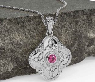 Pink Tourmaline White Gold Celtic Trinity Knot Warrior Necklace