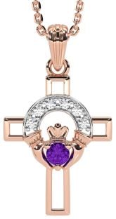 Diamond Amethyst Rose Gold Silver Claddagh Celtic Cross Necklace