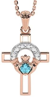 Diamond Aquamarine Rose Gold Silver Claddagh Celtic Cross Necklace