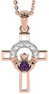 Diamond Alexandrite Rose Gold Silver Claddagh Celtic Cross Necklace