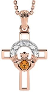 Diamond Citrine Rose Gold Silver Claddagh Celtic Cross Necklace