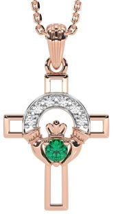 Diamond Emerald Rose Gold Silver Claddagh Celtic Cross Necklace