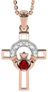 Diamond Garnet Rose Gold Silver Claddagh Celtic Cross Necklace