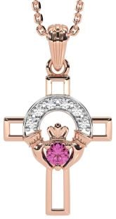 Diamond Pink Tourmaline Rose Gold Silver Claddagh Celtic Cross Necklace