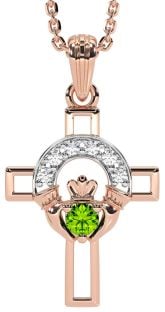 Diamond Peridot Rose Gold Silver Claddagh Celtic Cross Necklace