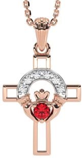 Diamond Ruby Rose Gold Silver Claddagh Celtic Cross Necklace