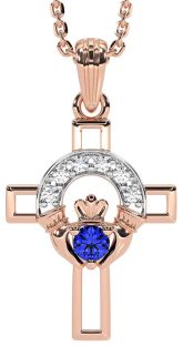 Diamond Sapphire Rose Gold Silver Claddagh Celtic Cross Necklace