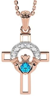 Diamond Topaz Rose Gold Silver Claddagh Celtic Cross Necklace