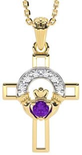 Diamond Amethyst Gold Silver Claddagh Celtic Cross Necklace