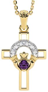 Diamond Alexandrite Gold Silver Claddagh Celtic Cross Necklace
