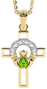 Diamond Peridot Gold Silver Claddagh Celtic Cross Necklace