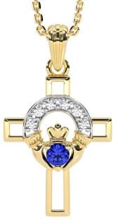 Diamond Sapphire Gold Silver Claddagh Celtic Cross Necklace