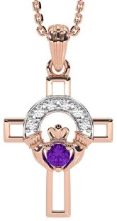 Diamond Amethyst Rose Gold Claddagh Celtic Cross Necklace