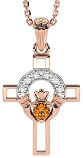 Diamond Citrine Rose Gold Claddagh Celtic Cross Necklace