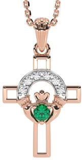 Diamond Emerald Rose Gold Claddagh Celtic Cross Necklace
