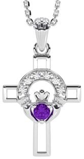 Diamond Amethyst Silver Claddagh Celtic Cross Necklace