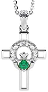 Diamond Emerald Silver Claddagh Celtic Cross Necklace