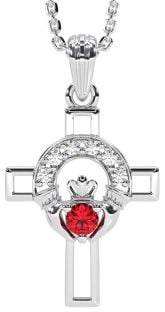Diamond Ruby Silver Claddagh Celtic Cross Necklace
