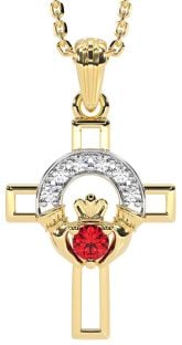 Diamond Ruby Gold Claddagh Celtic Cross Necklace