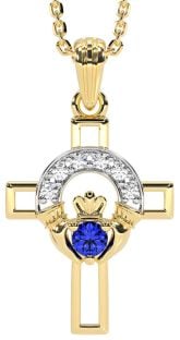 Diamond Sapphire Gold Claddagh Celtic Cross Necklace