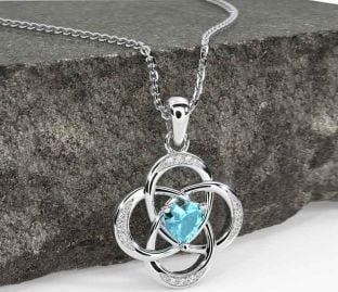 Diamond Aquamarine White Gold Celtic Necklace