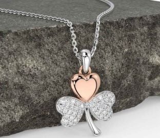 Diamond Rose Gold Silver Shamrock Necklace